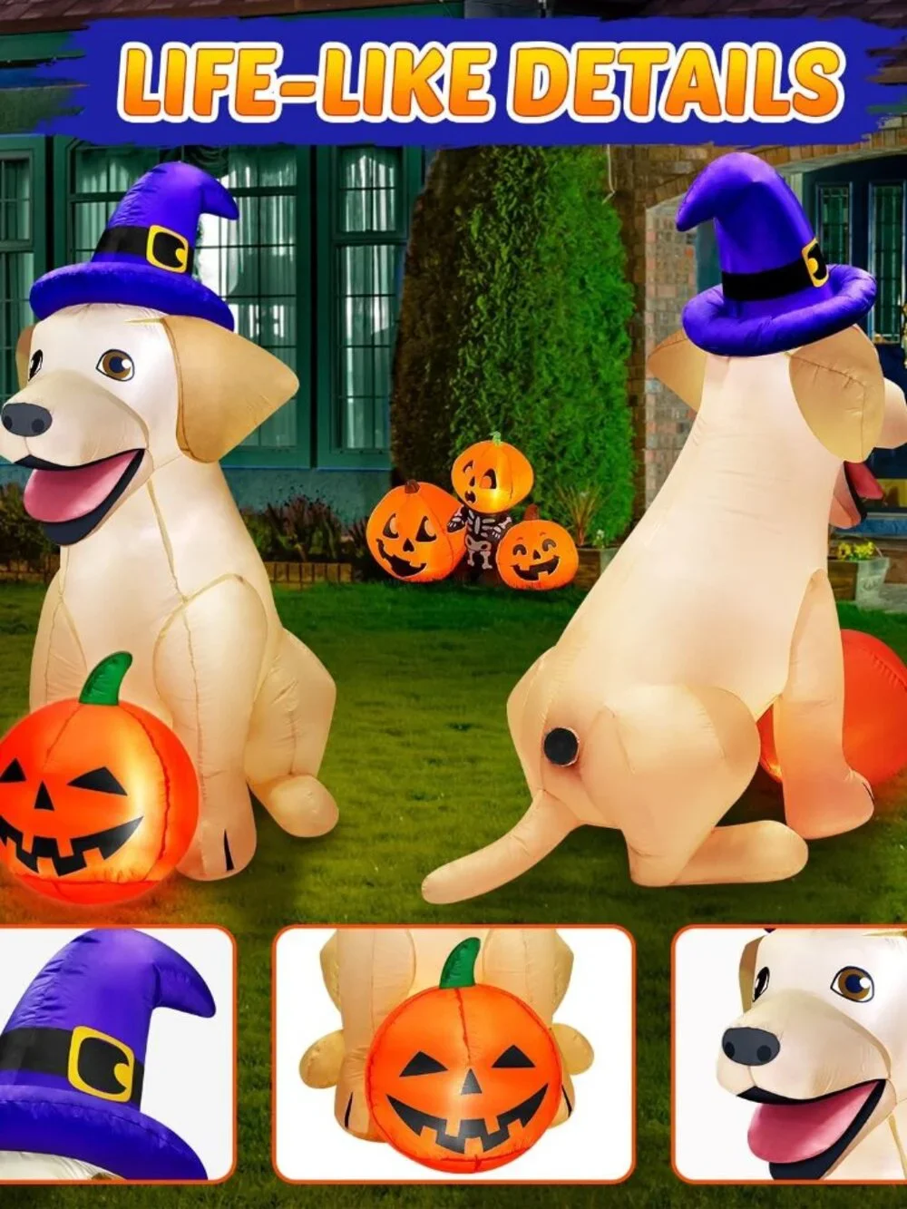 5FT Halloween Inflatable Lab Dog Pumpkin Witch Hat LED Outdoor Yard Decoration